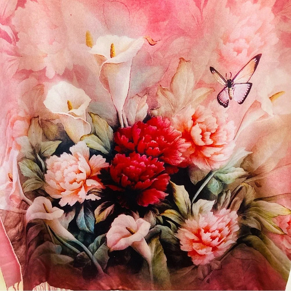 MAKO 100% Silk Lines Floral Butterfly Scarf with Fringe - Picture 2 of 11